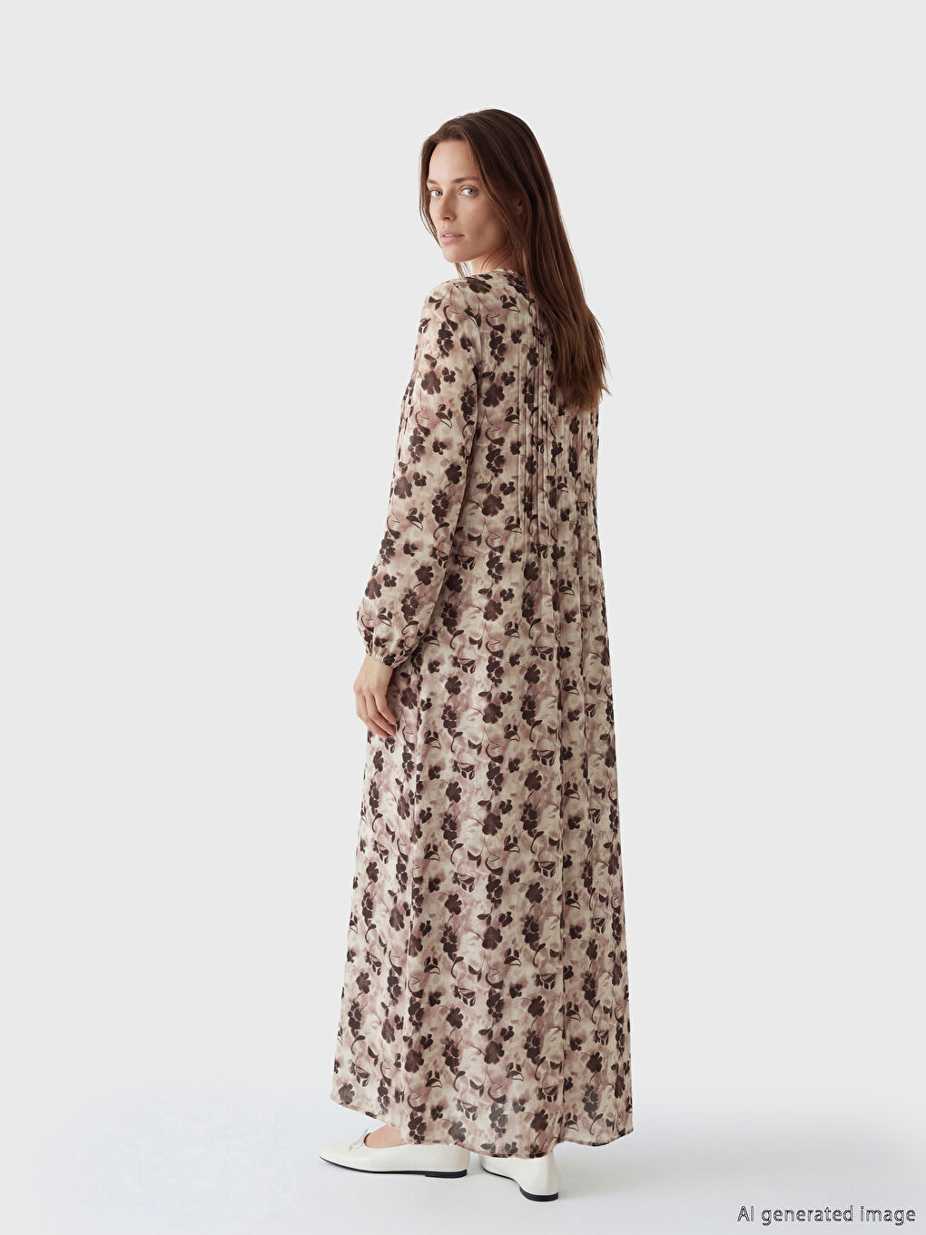 Bej Bisiklet Yaka Çiçekli A Kesim Elbise-2