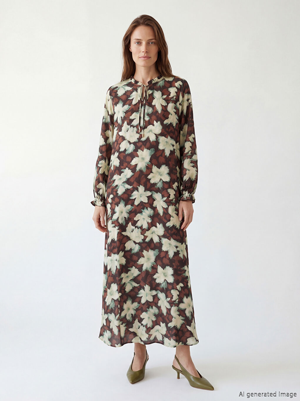 Kahverengi Bağlamalı Yaka A Kesim Poplin Elbise