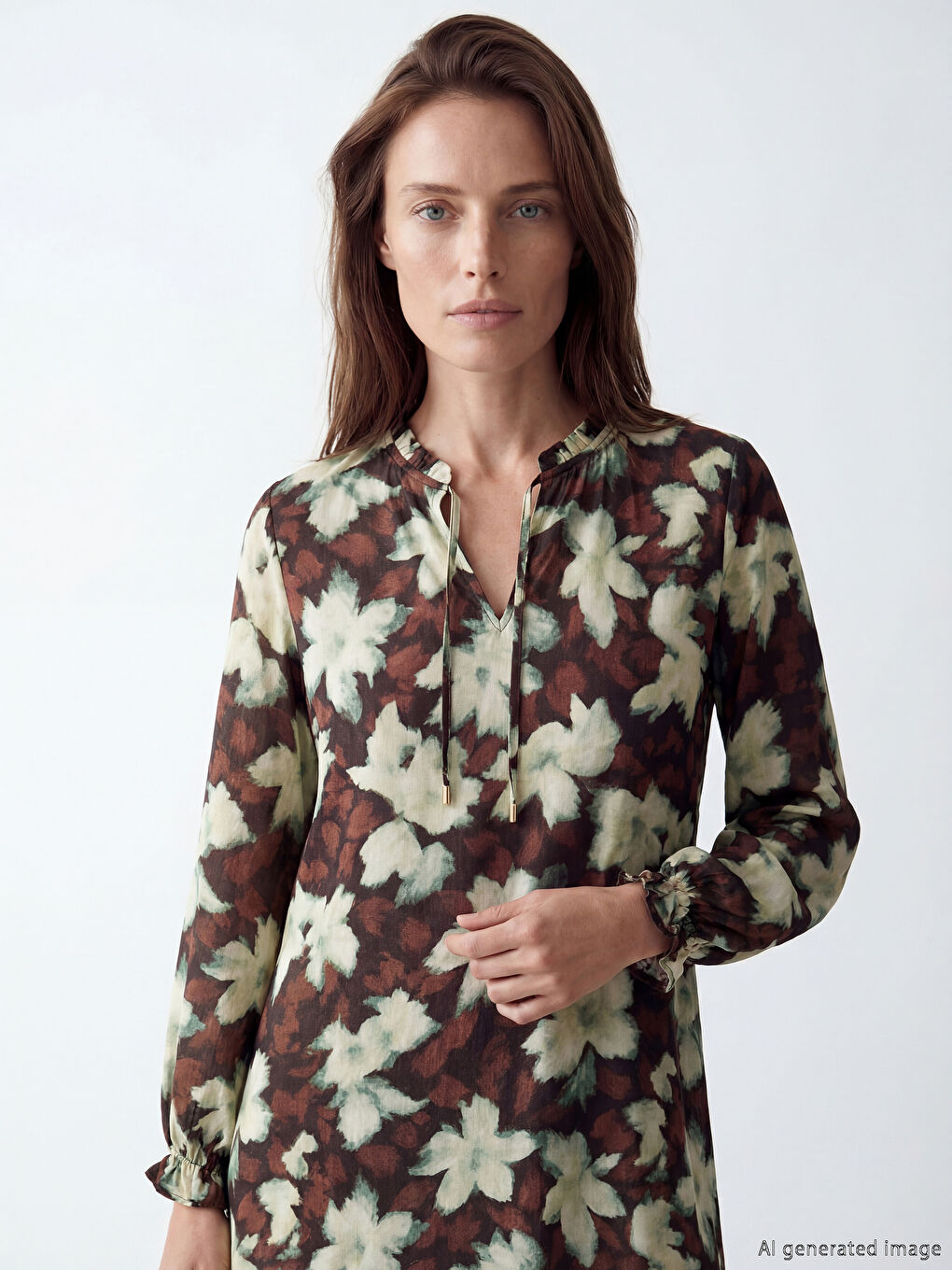 Kahverengi Bağlamalı Yaka A Kesim Poplin Elbise-1