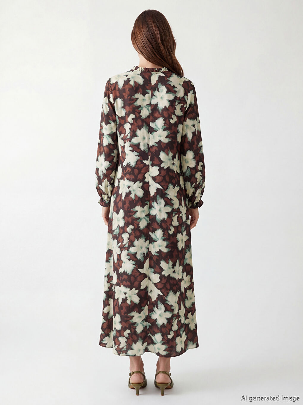 Kahverengi Bağlamalı Yaka A Kesim Poplin Elbise-3