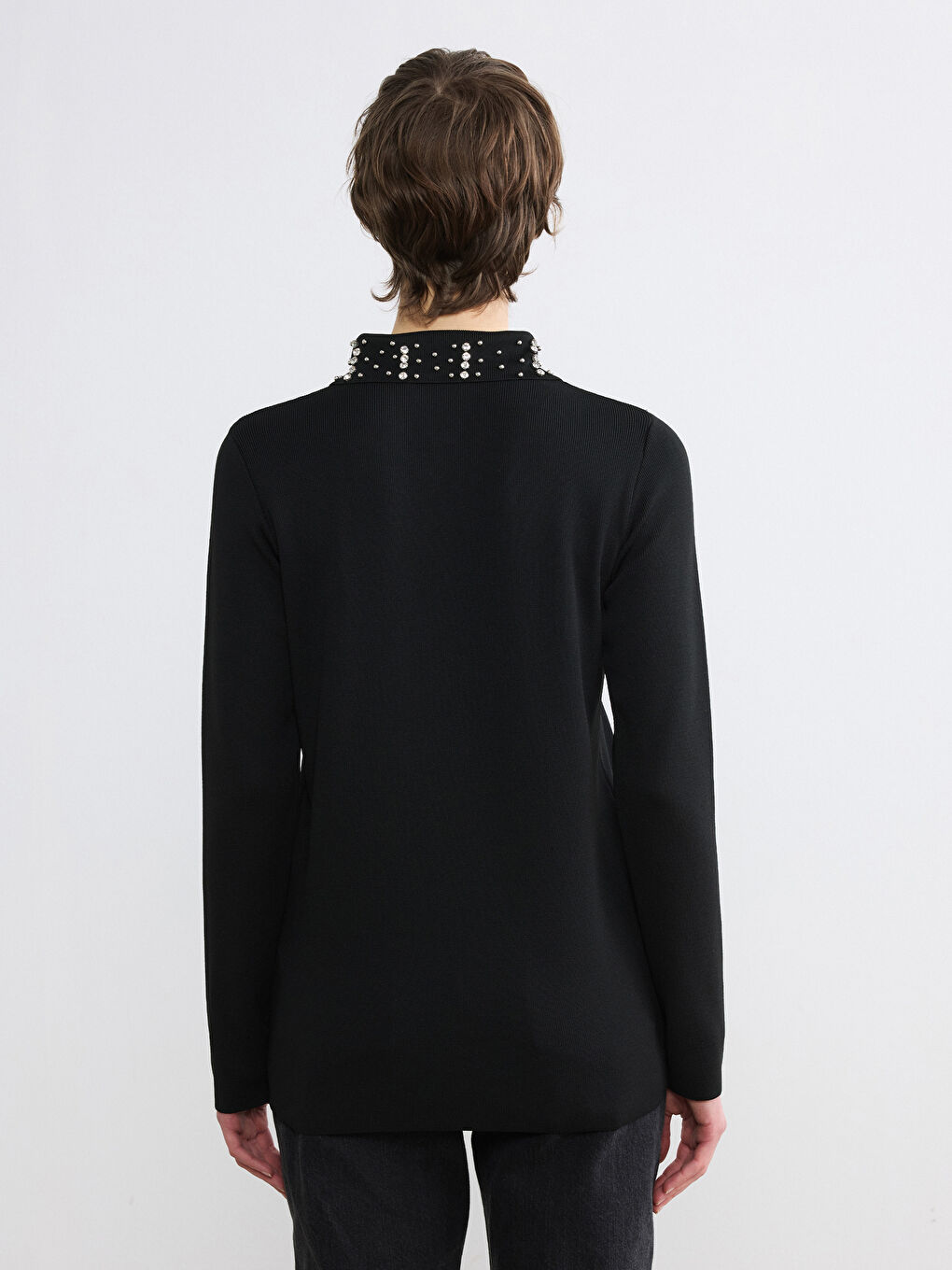 Siyah Polo Yaka Taş İşlemeli Kadın Triko Hırka-3
