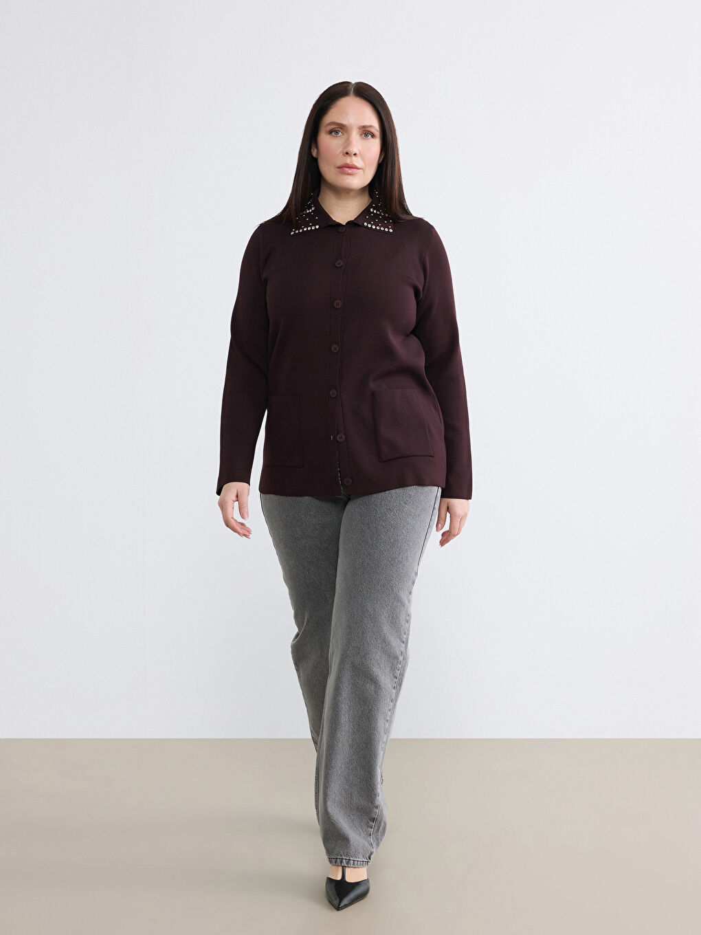 Mürdüm Polo Yaka Taşlı Kadın Triko Hırka-1