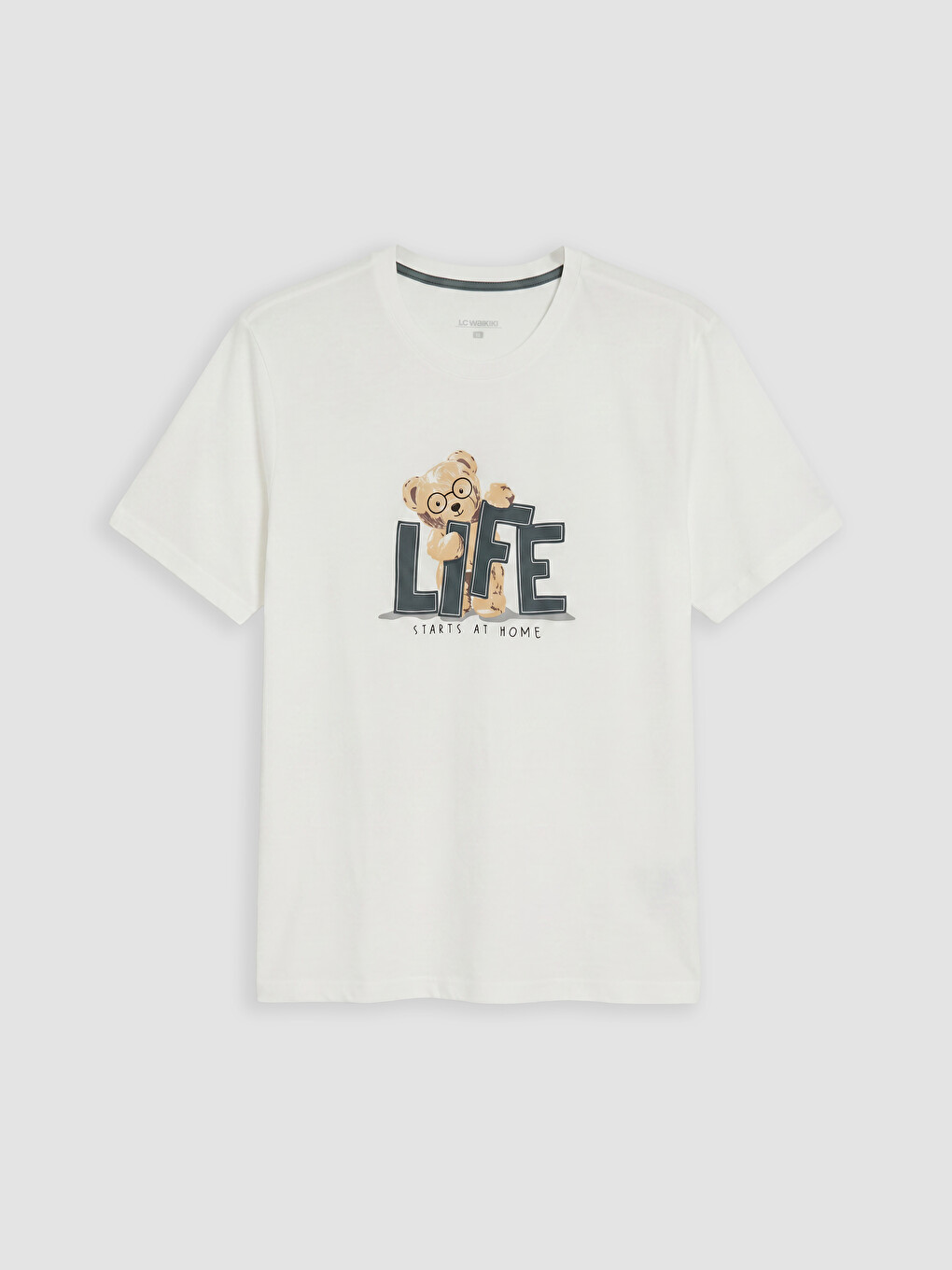 Ekru Bisiklet Yaka Baskılı Erkek Pijama Üstü