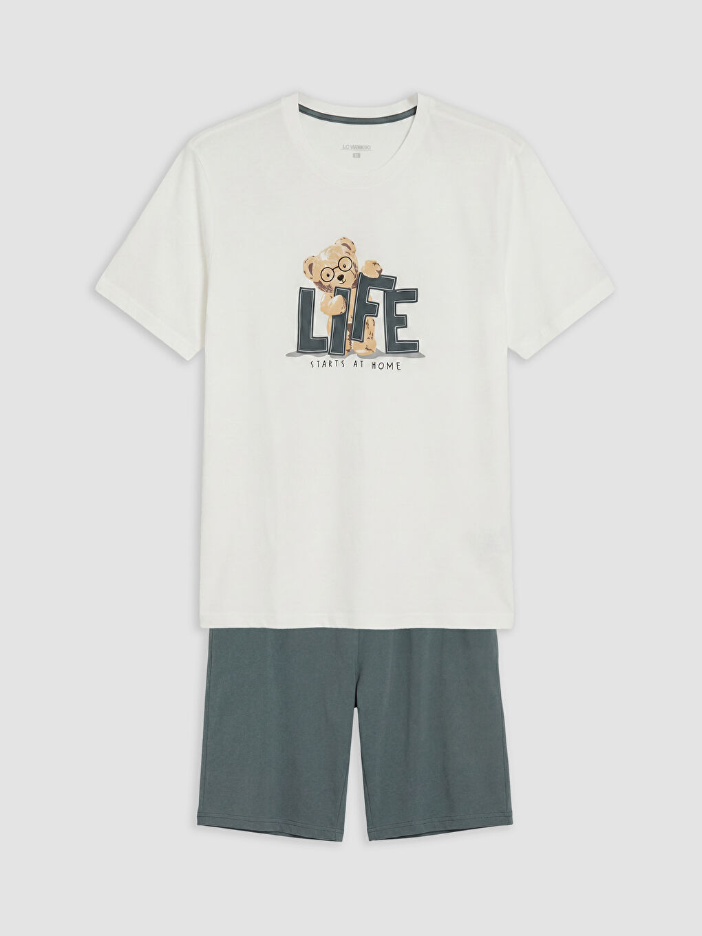 Ekru Standart Kalıp Erkek Şortlu Pijama Takımı