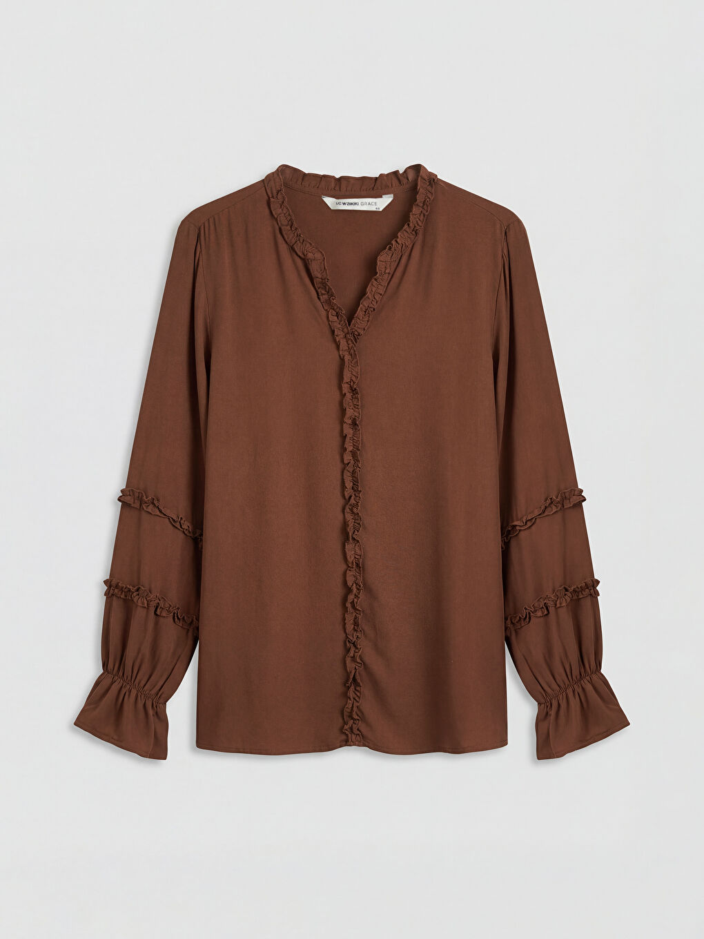 Kahverengi V Yaka Fırfırlı Bluz