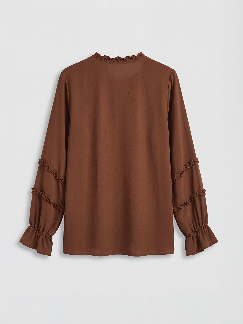 Kahverengi V Yaka Fırfırlı Bluz-1