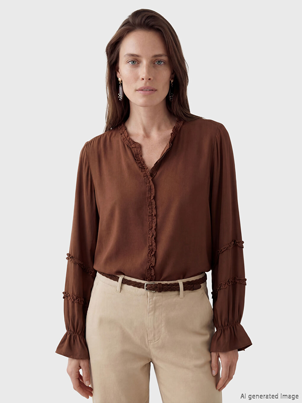 Kahverengi V Yaka Fırfırlı Bluz