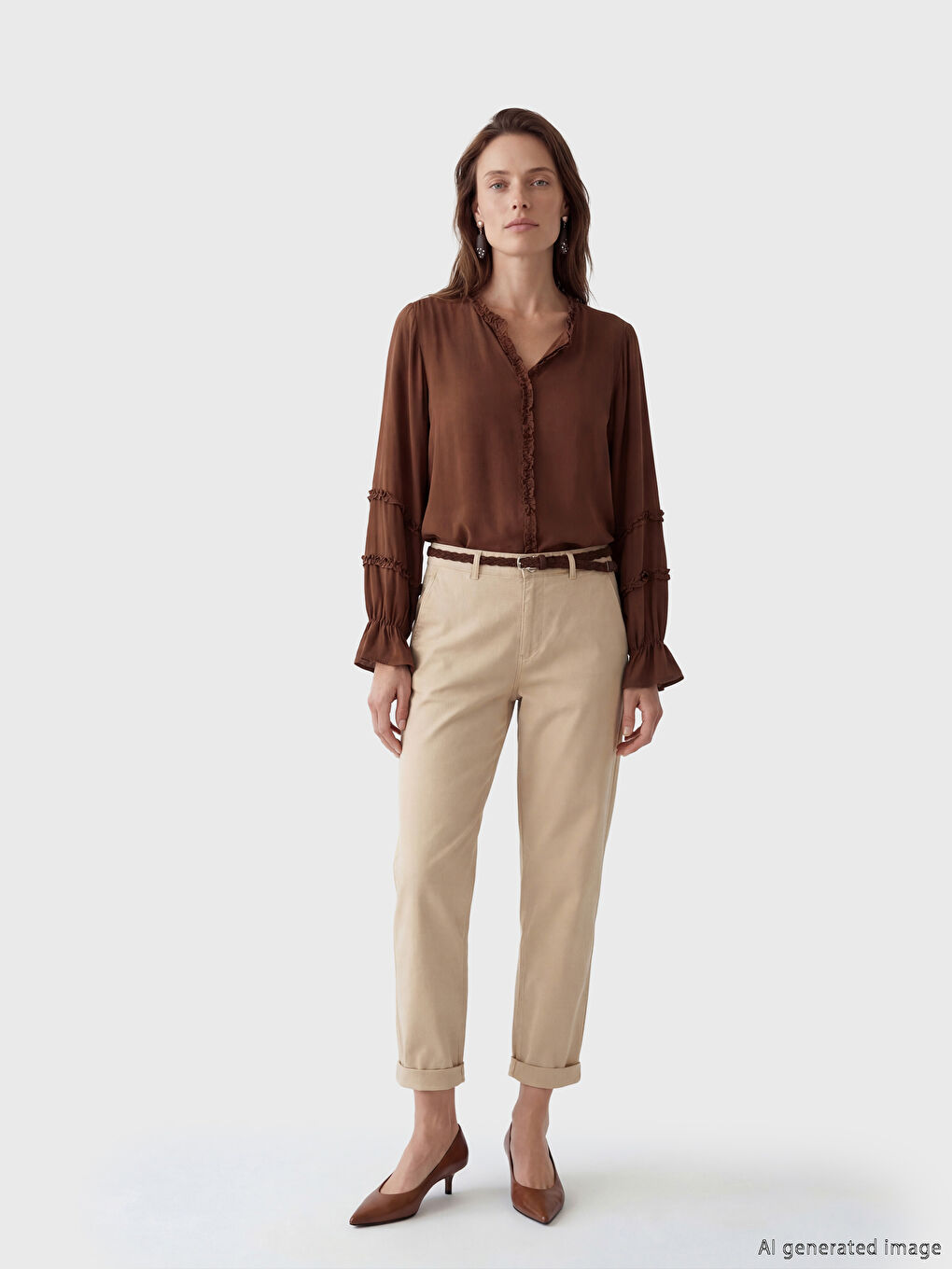 Kahverengi V Yaka Fırfırlı Bluz-1