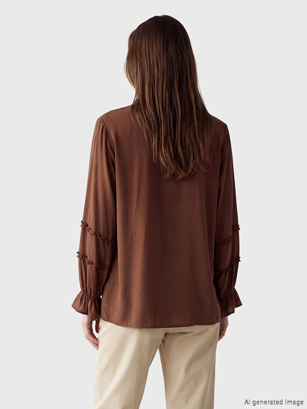 Kahverengi V Yaka Fırfırlı Bluz-2