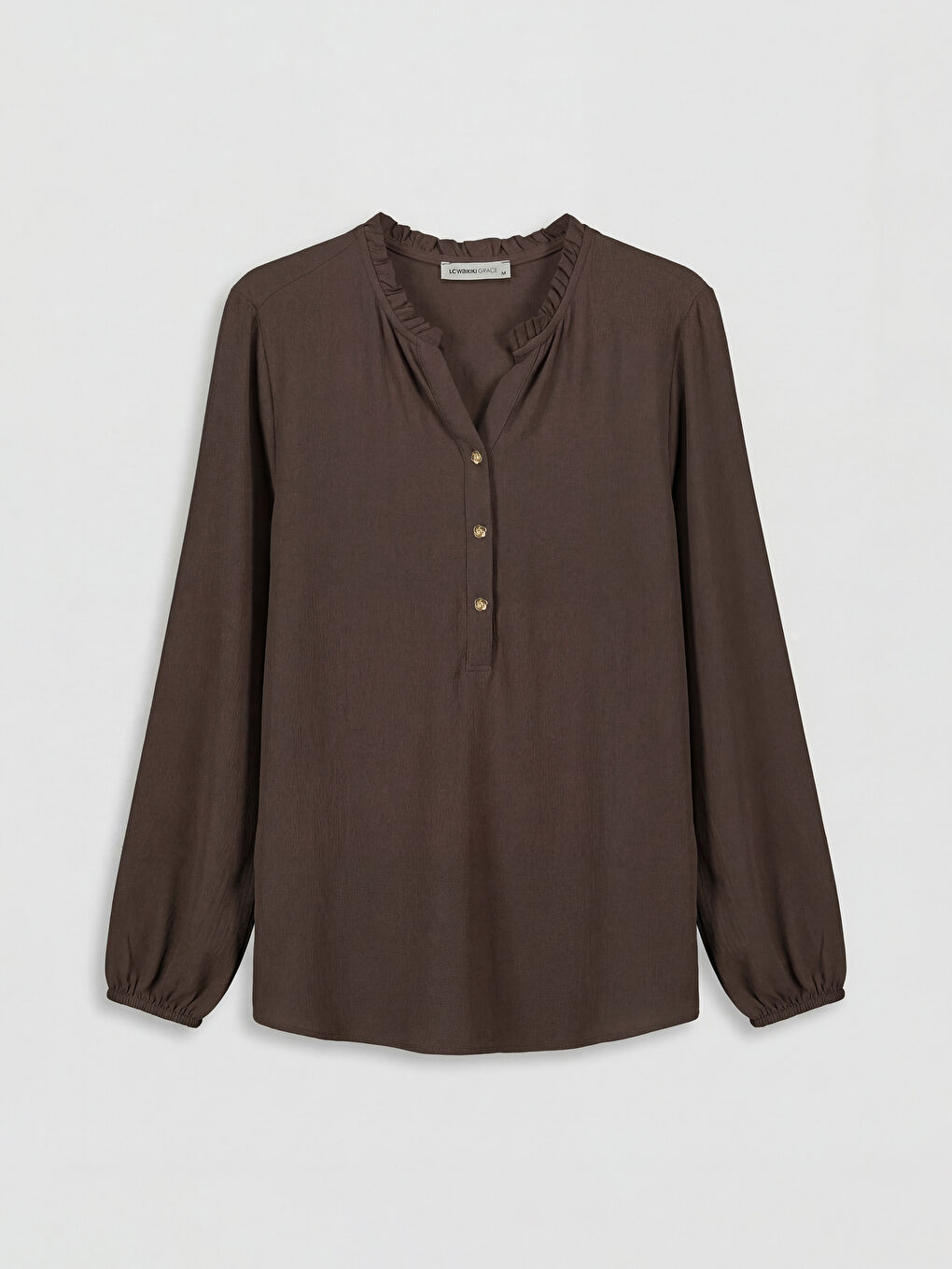 Kahverengi Fırfırlı Kaçık Yaka Bluz