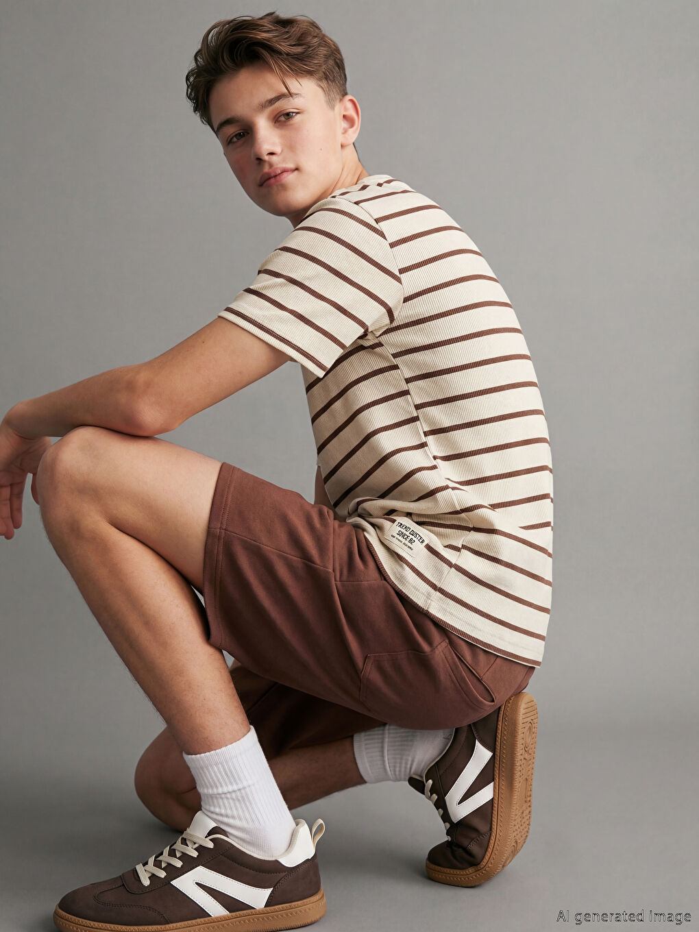 Kahverengi Çizgili Erkek Çocuk Tişört ve Şort-1