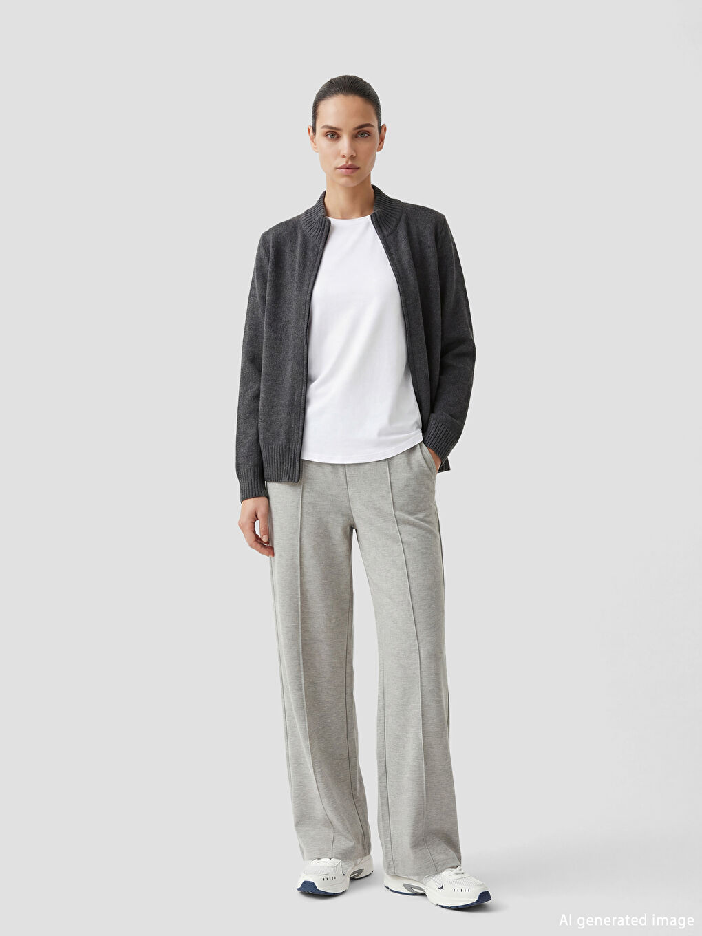 Gri Dik Yaka Kadın Yünlü Triko Hırka -1