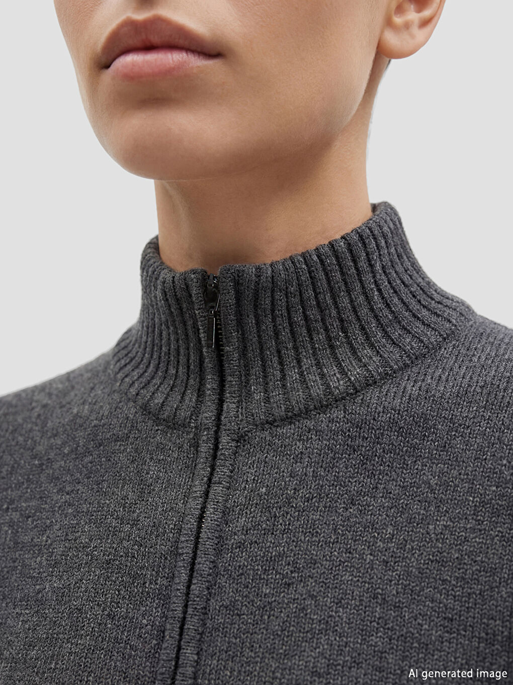 Gri Dik Yaka Kadın Yünlü Triko Hırka -2