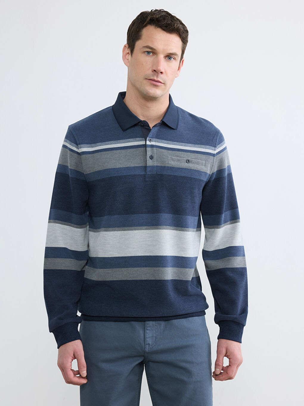 İndigo Polo Yaka Çizgili Sweatshirt