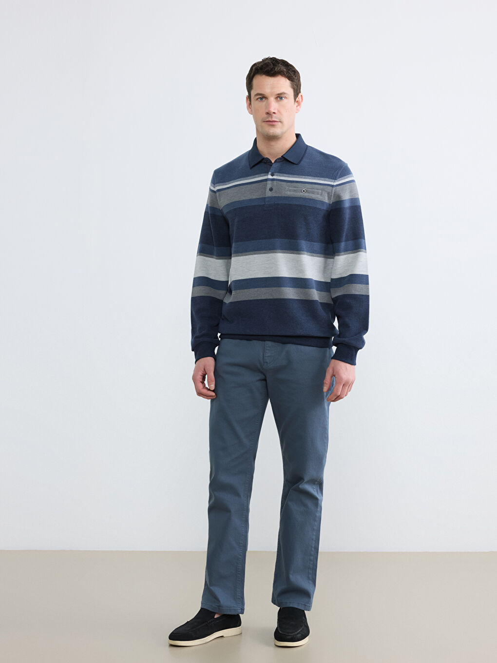 İndigo Polo Yaka Çizgili Sweatshirt-1
