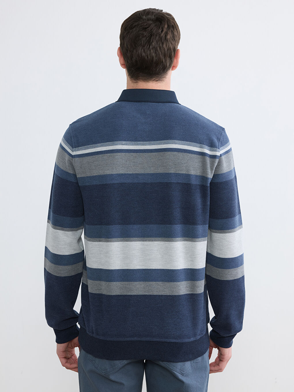 İndigo Polo Yaka Çizgili Sweatshirt-3