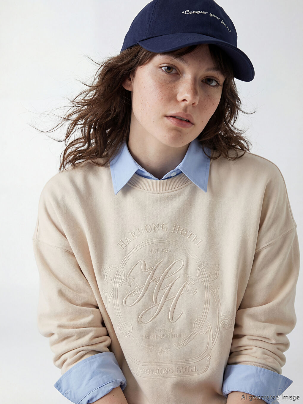 Ekru Paris Nakışlı Oversize Kadın Sweatshirt