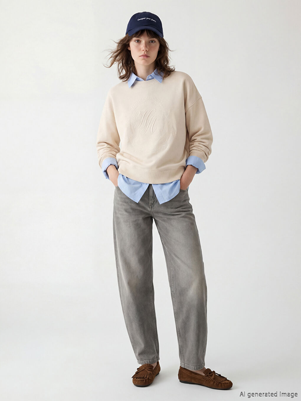 Ekru Paris Nakışlı Oversize Kadın Sweatshirt-1