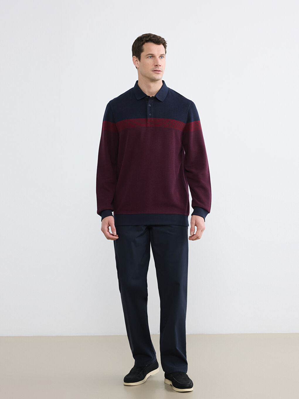 Bordo Polo Yaka Renk Bloklu Erkek Sweatshirt-1