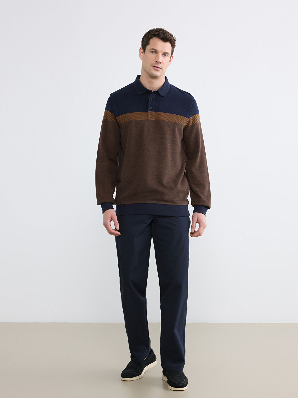 Kahverengi Polo Yaka Renk Bloklu Erkek Sweatshirt-3
