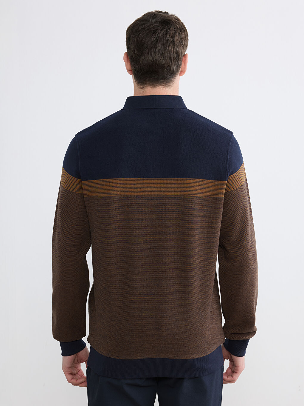 Kahverengi Polo Yaka Renk Bloklu Erkek Sweatshirt-5