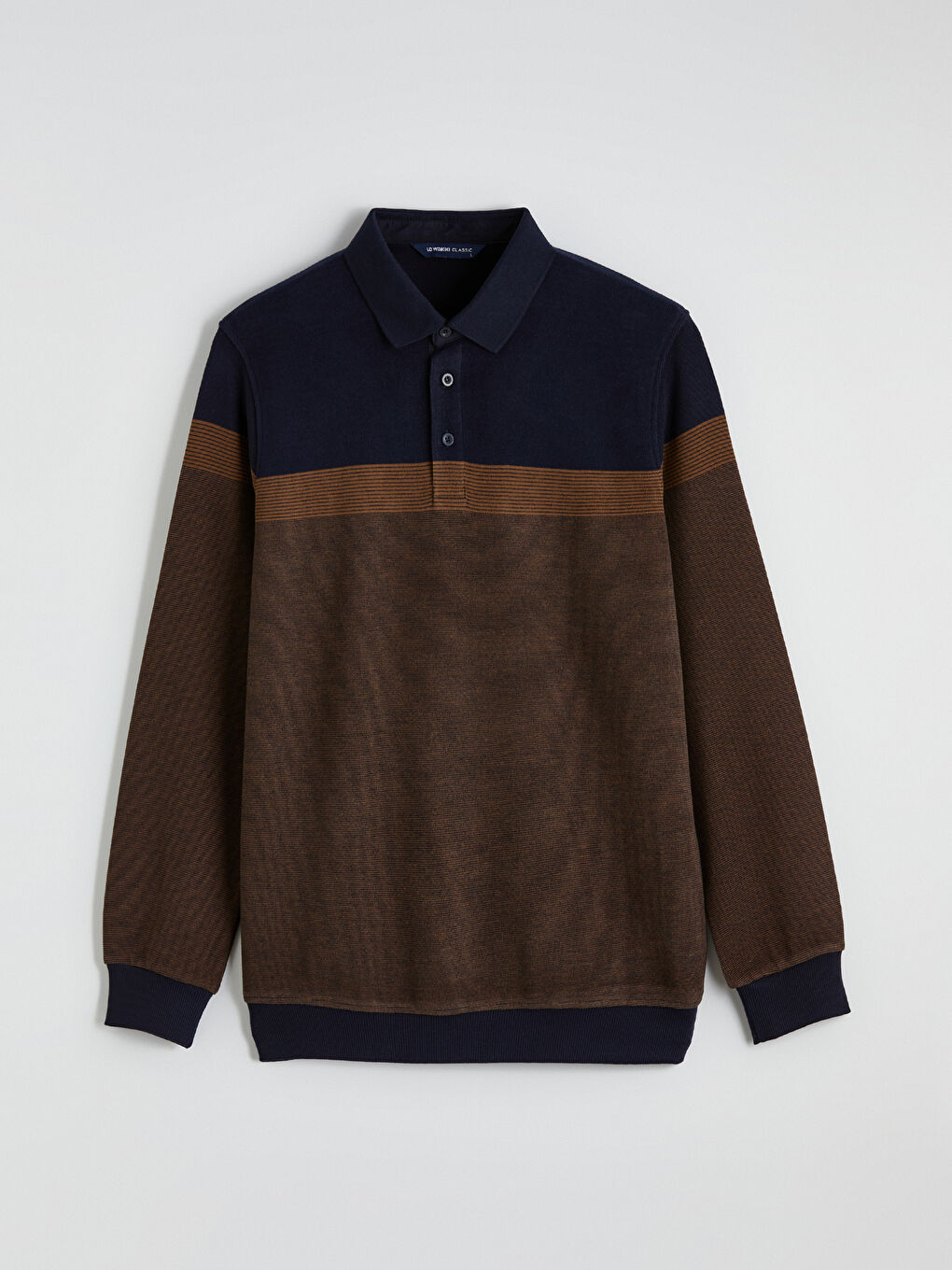 Kahverengi Polo Yaka Renk Bloklu Erkek Sweatshirt