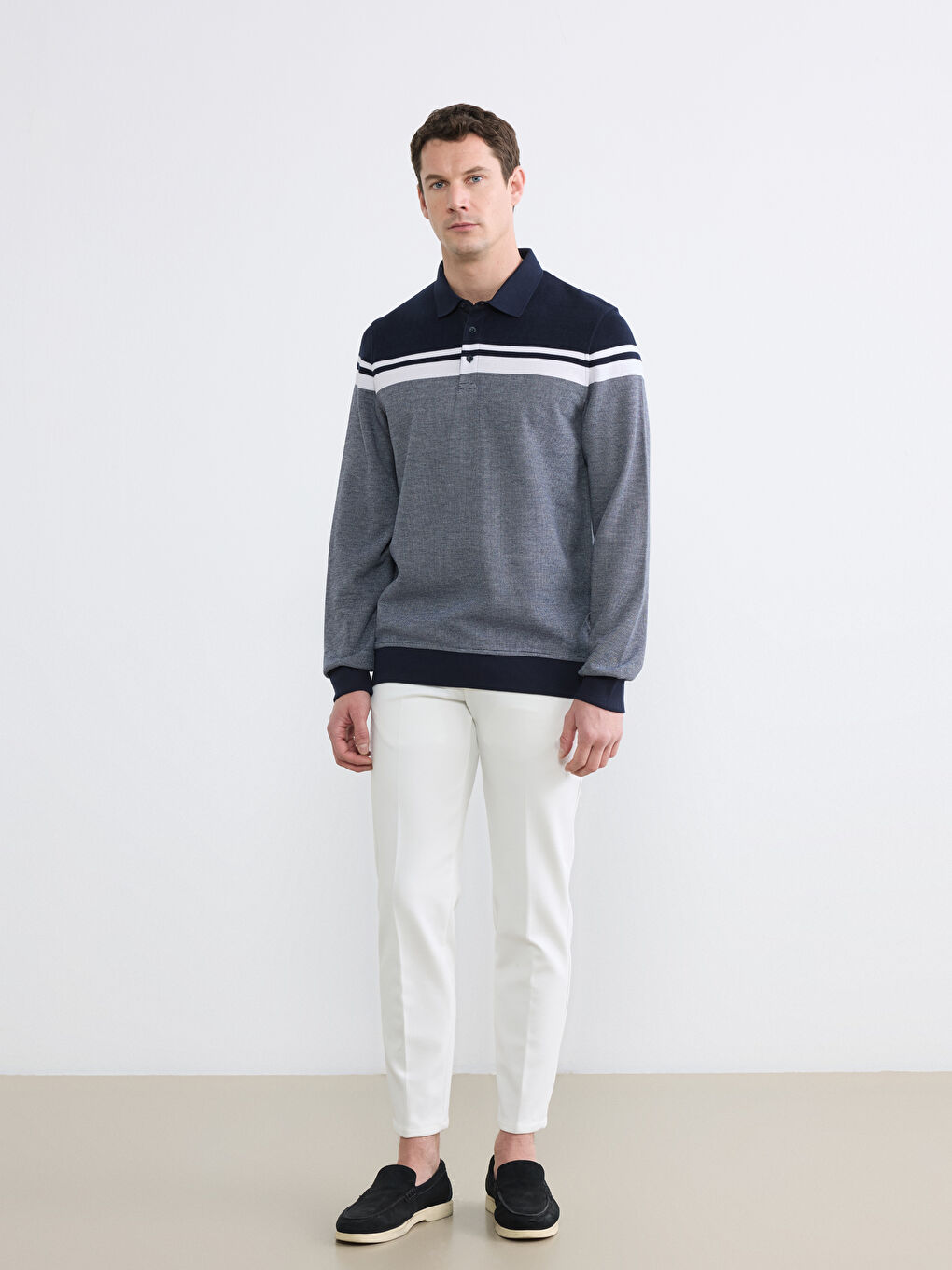 Lacivert Polo Yaka Renk Bloklu Erkek Sweatshirt-1