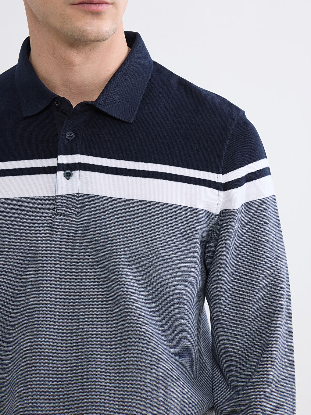 Lacivert Polo Yaka Renk Bloklu Erkek Sweatshirt-2