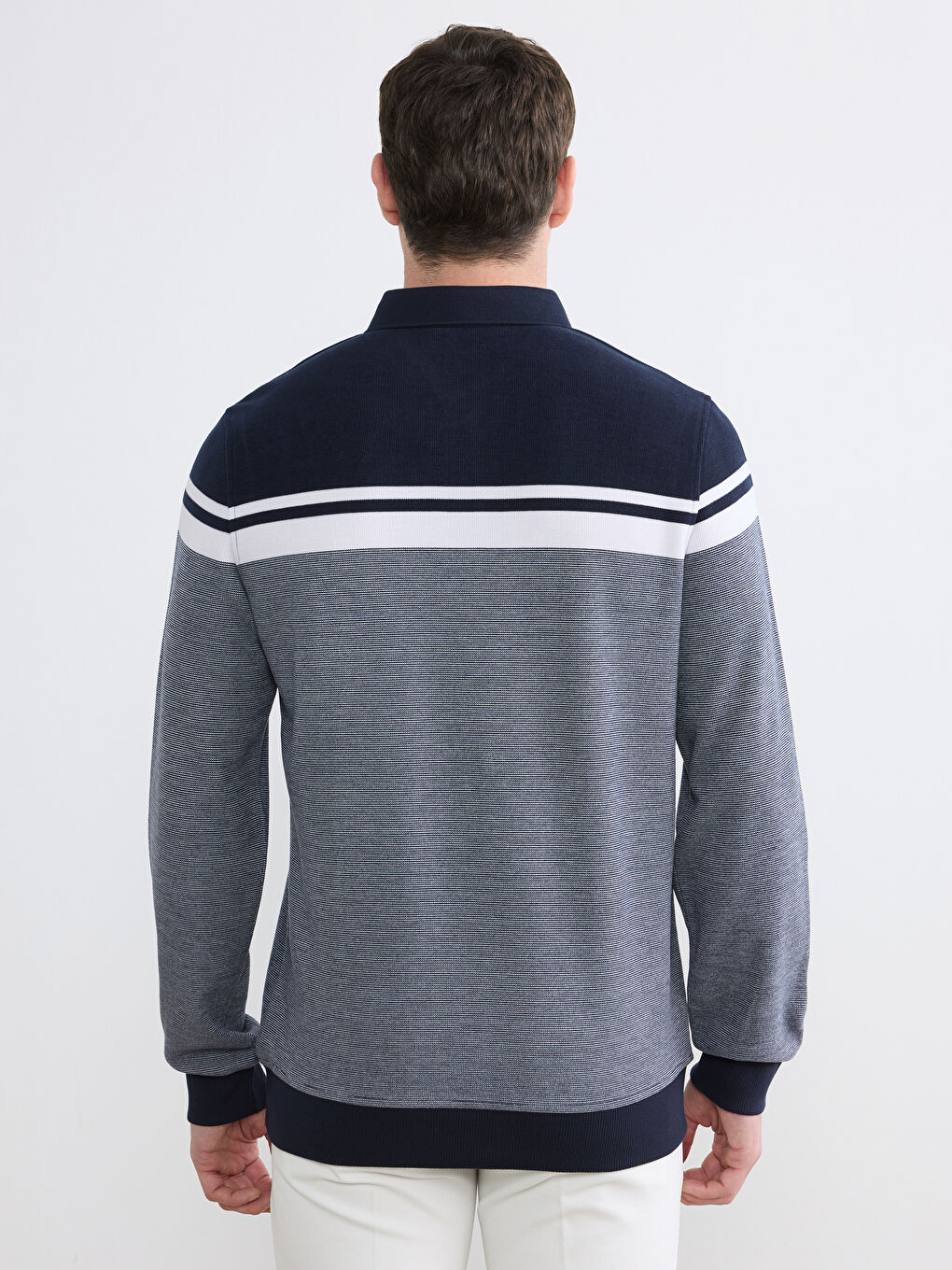 Lacivert Polo Yaka Renk Bloklu Erkek Sweatshirt-3