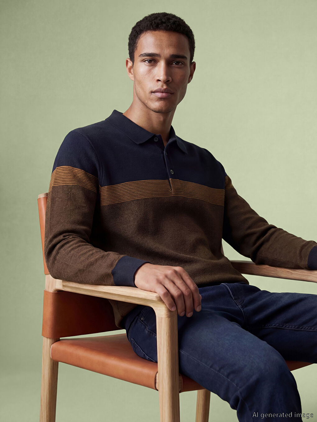 Kahverengi Polo Yaka Renk Bloklu Erkek Sweatshirt