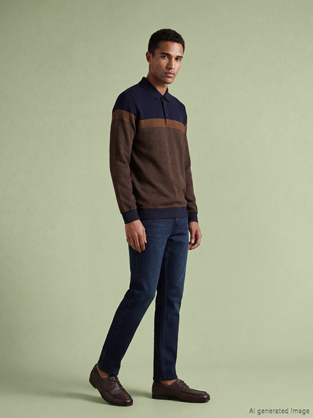 Kahverengi Polo Yaka Renk Bloklu Erkek Sweatshirt-1