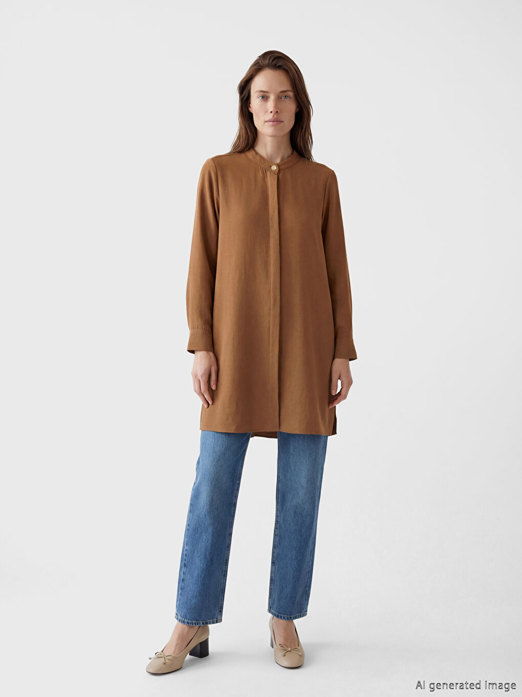 Bej Hakim Yaka Kadın Gömlek Tunik-1