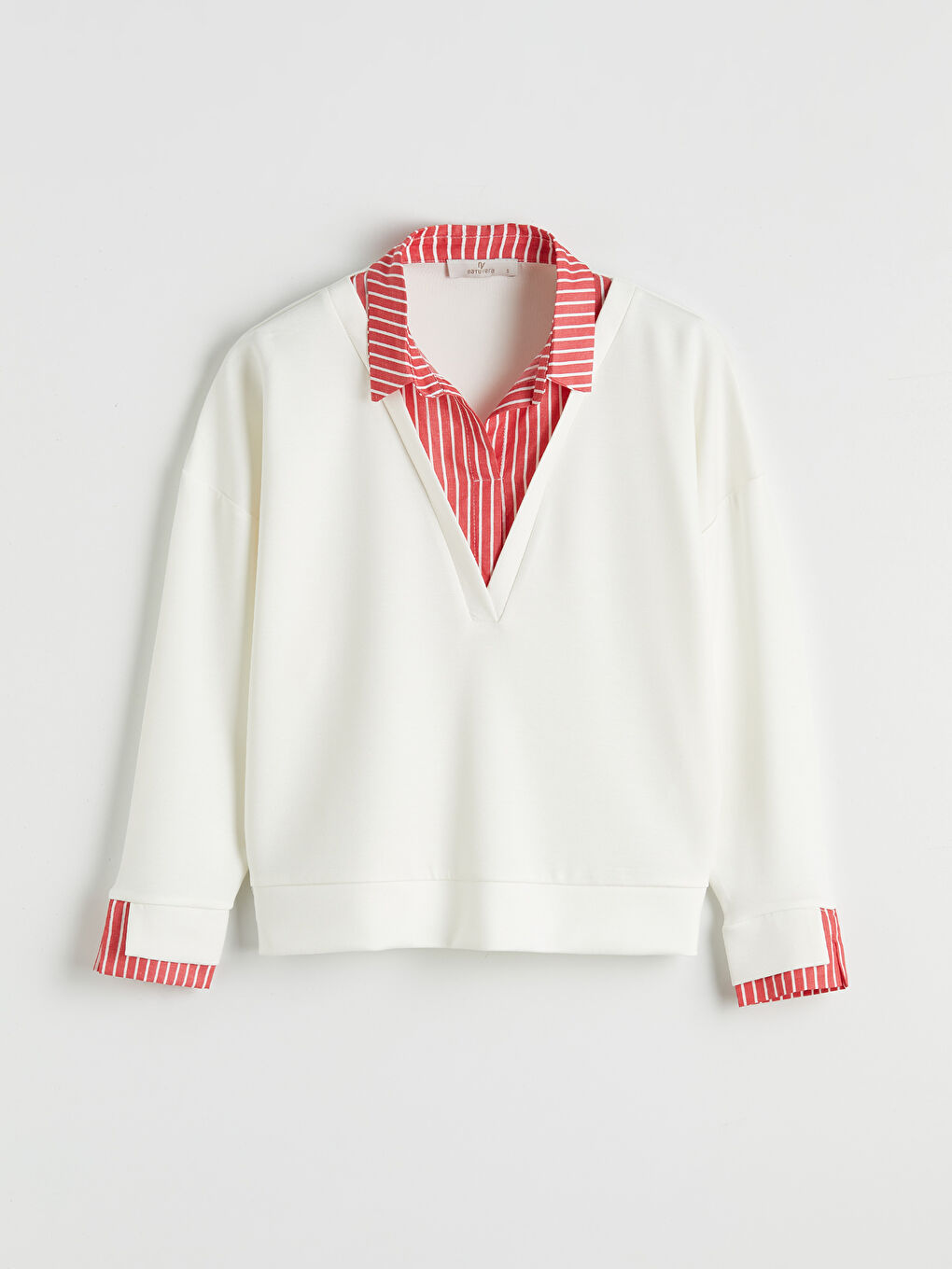 Kırmızı Gömlek Yaka Çizgili Kadın Sweatshirt-3