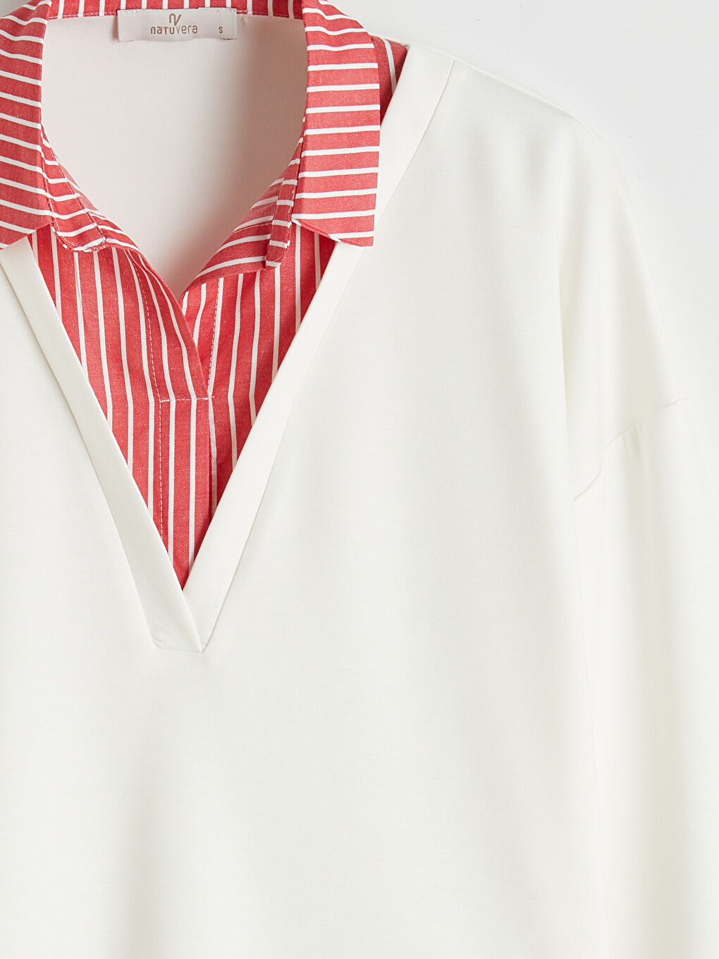 Kırmızı Gömlek Yaka Çizgili Kadın Sweatshirt-5