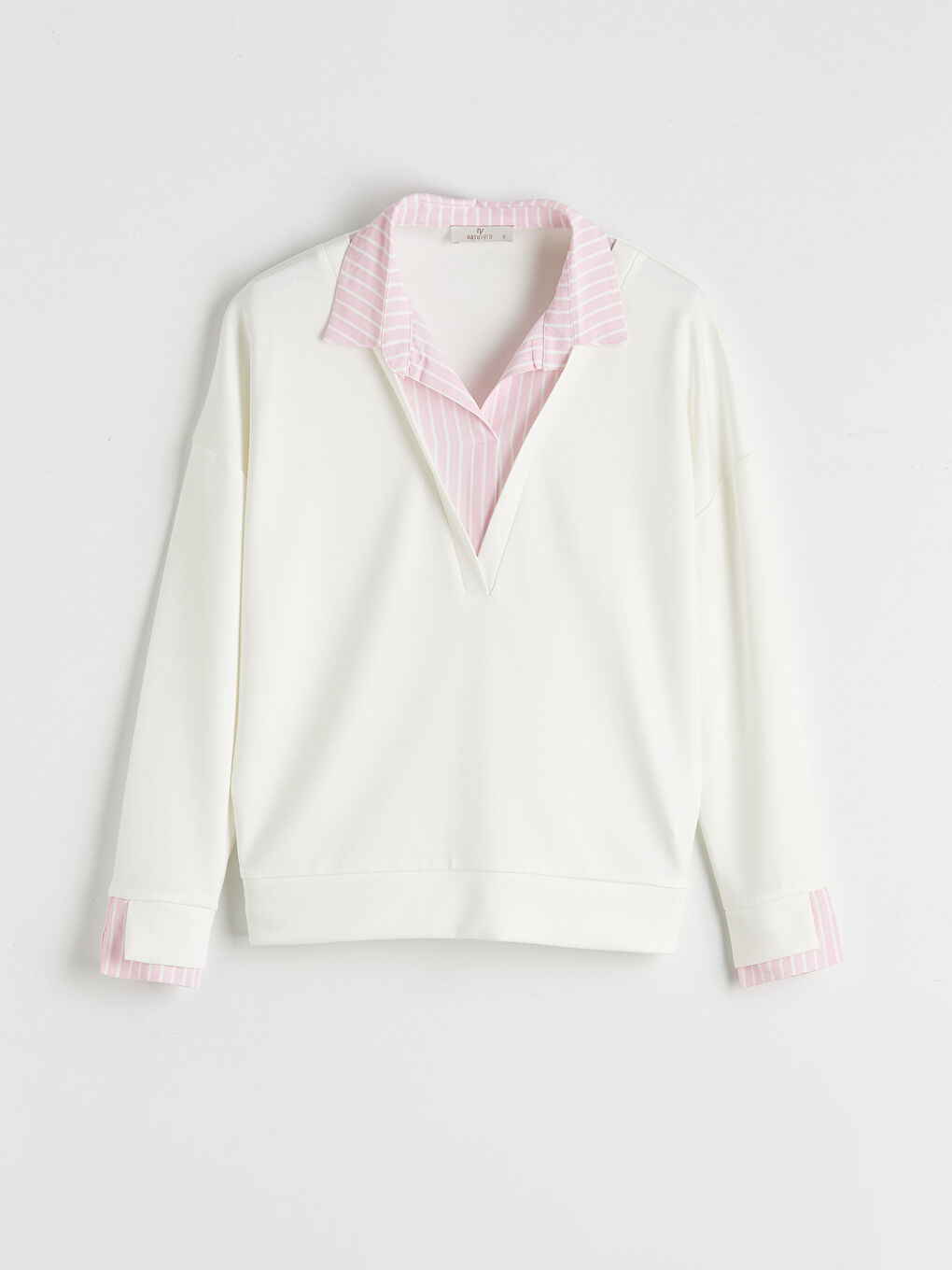 Pembe Gömlek Yaka Çizgili Kadın Sweatshirt-3