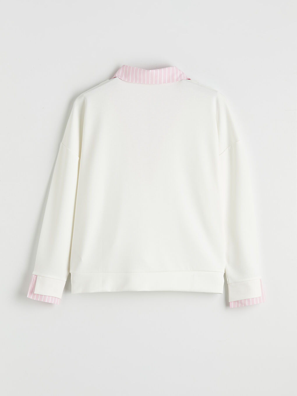 Pembe Gömlek Yaka Çizgili Kadın Sweatshirt-4