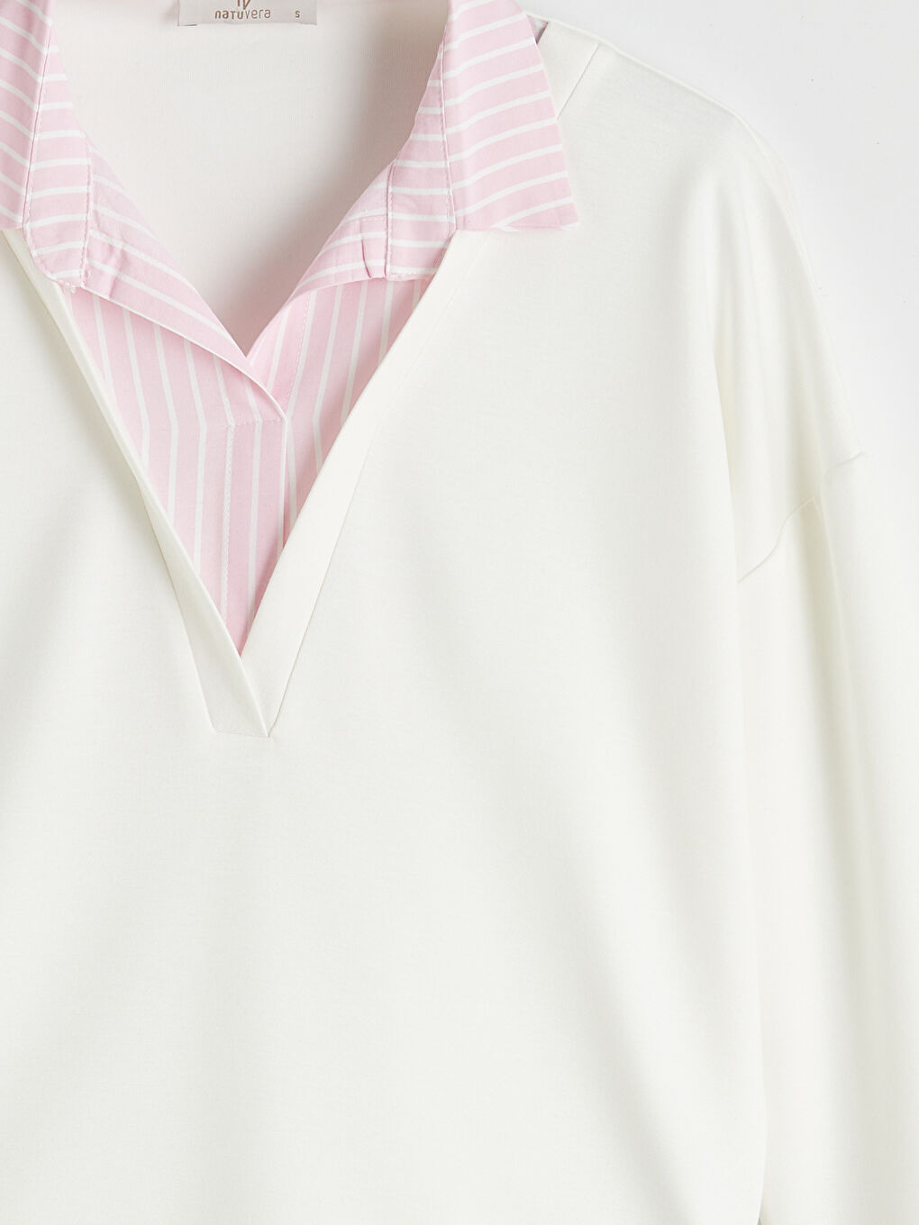 Pembe Gömlek Yaka Çizgili Kadın Sweatshirt-5