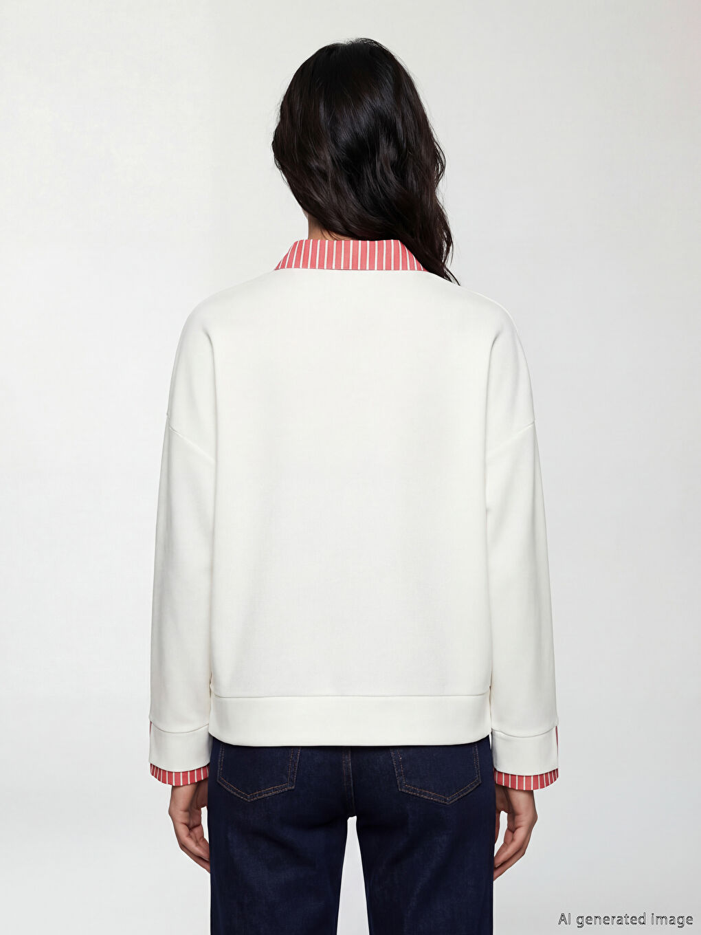 Kırmızı Gömlek Yaka Çizgili Kadın Sweatshirt-2