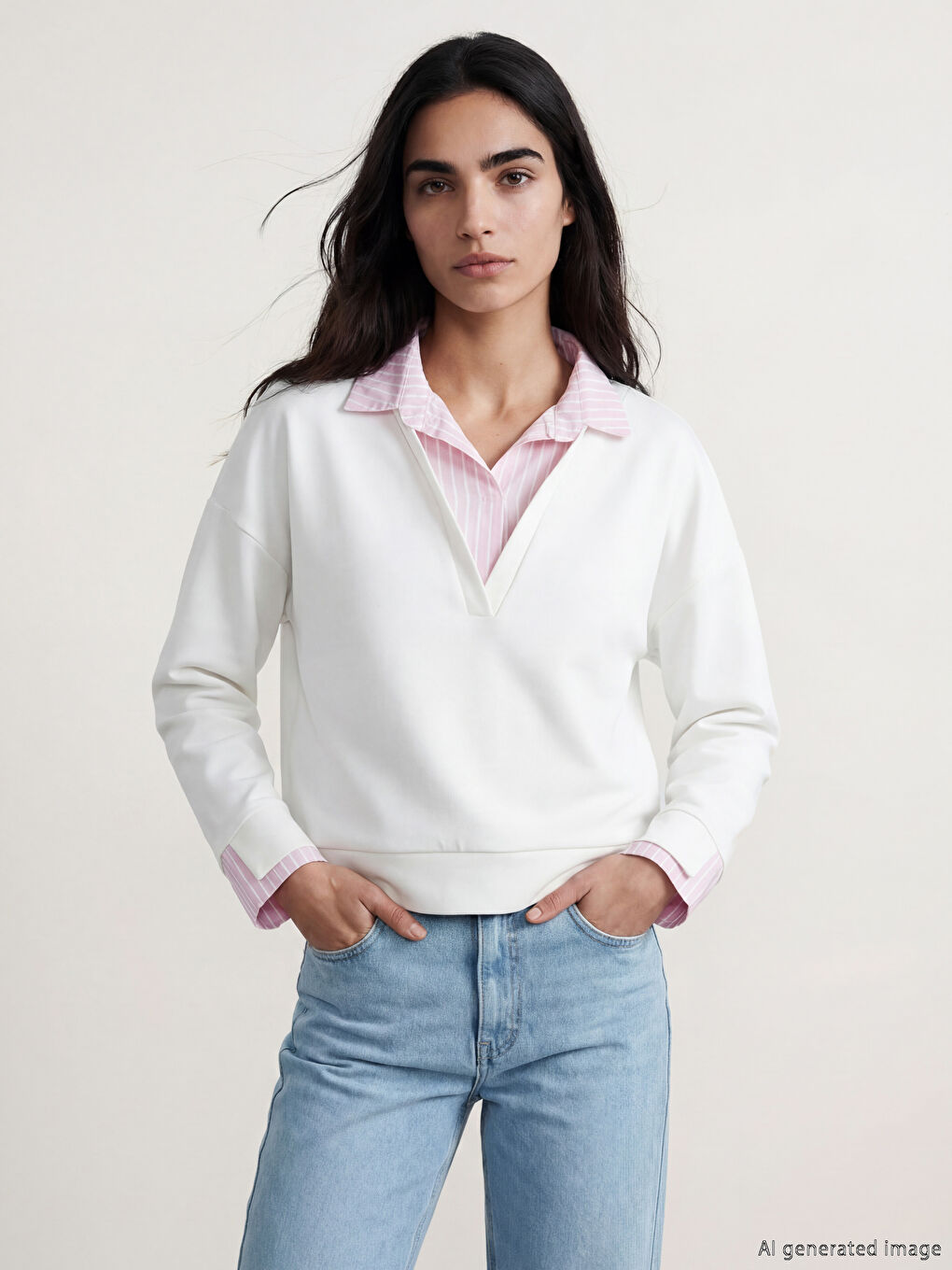 Pembe Gömlek Yaka Çizgili Kadın Sweatshirt