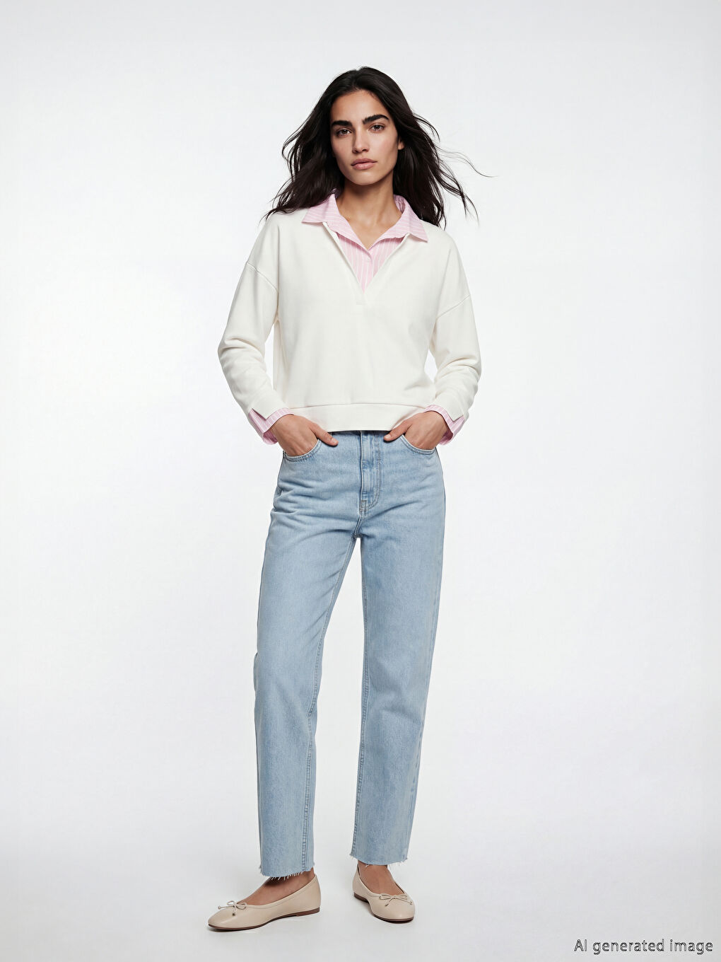 Pembe Gömlek Yaka Çizgili Kadın Sweatshirt-1