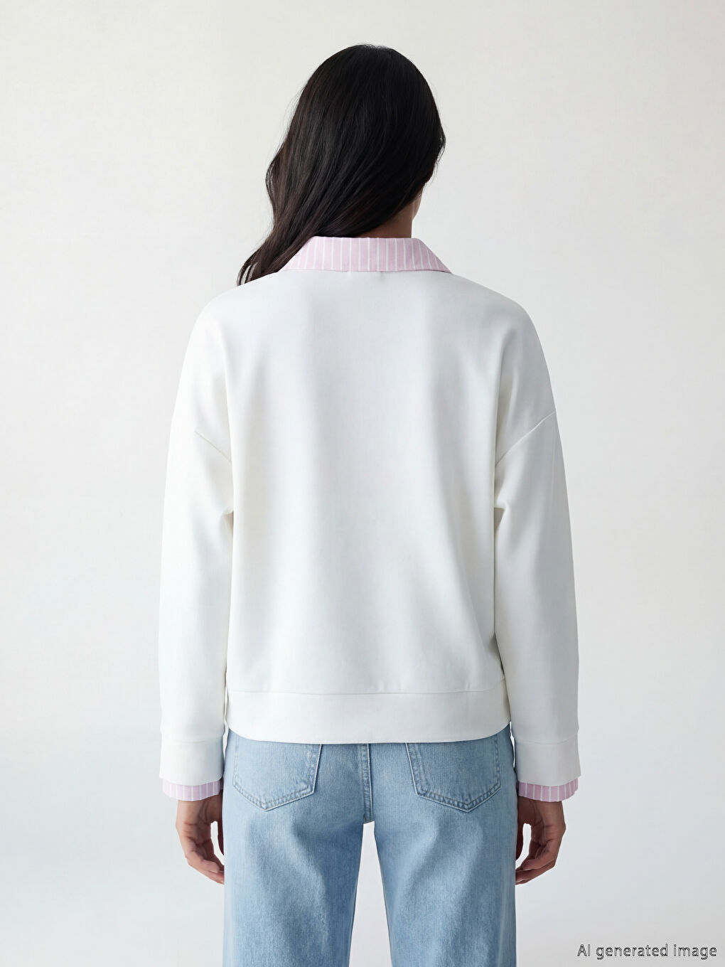 Pembe Gömlek Yaka Çizgili Kadın Sweatshirt-2