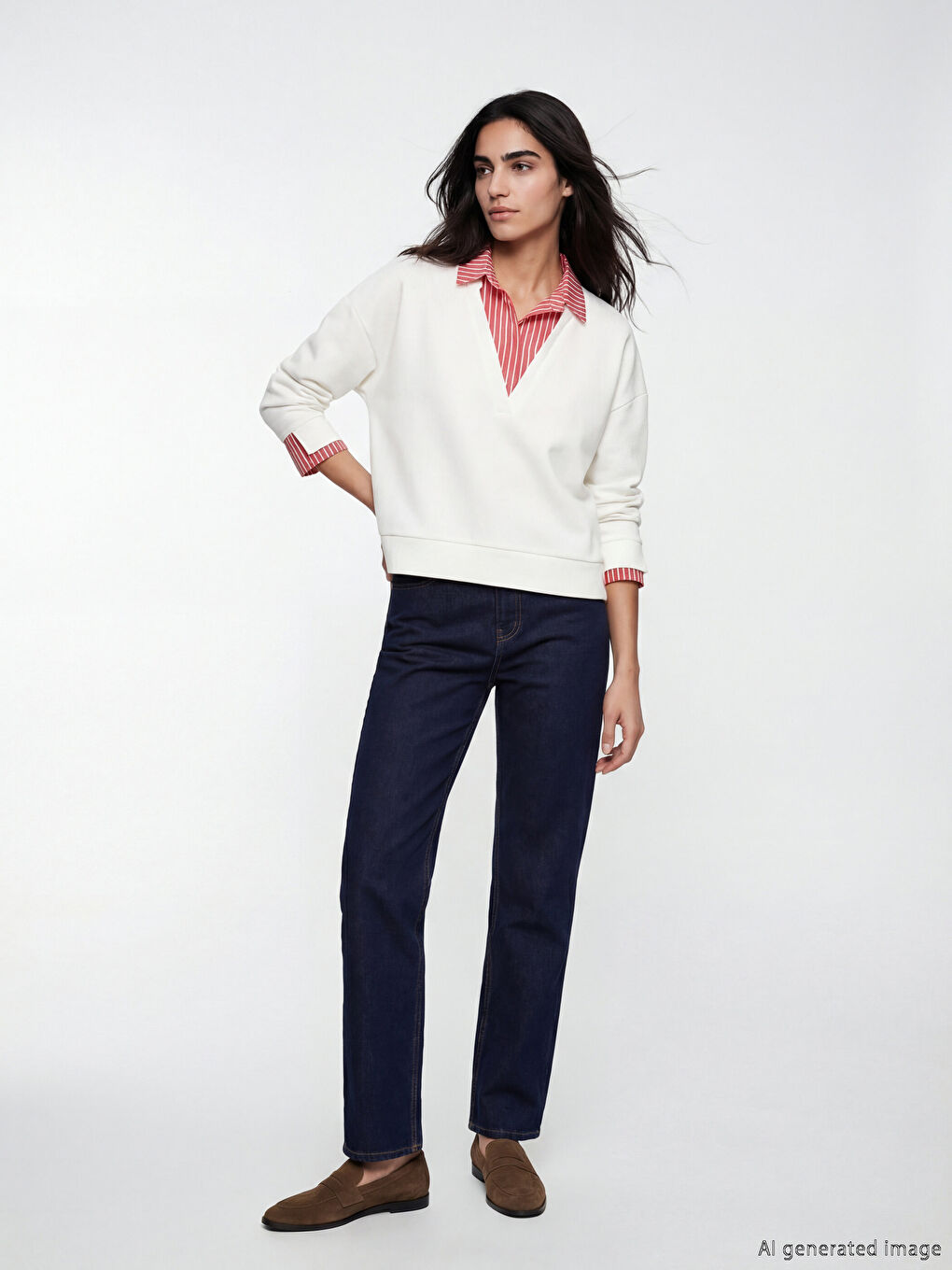 Kırmızı Gömlek Yaka Çizgili Kadın Sweatshirt-1