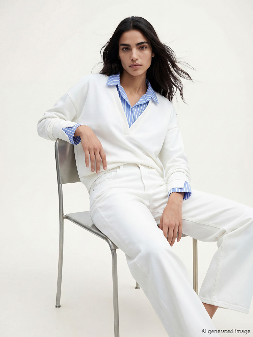 Mavi Gömlek Yaka Çizgili Kadın Sweatshirt