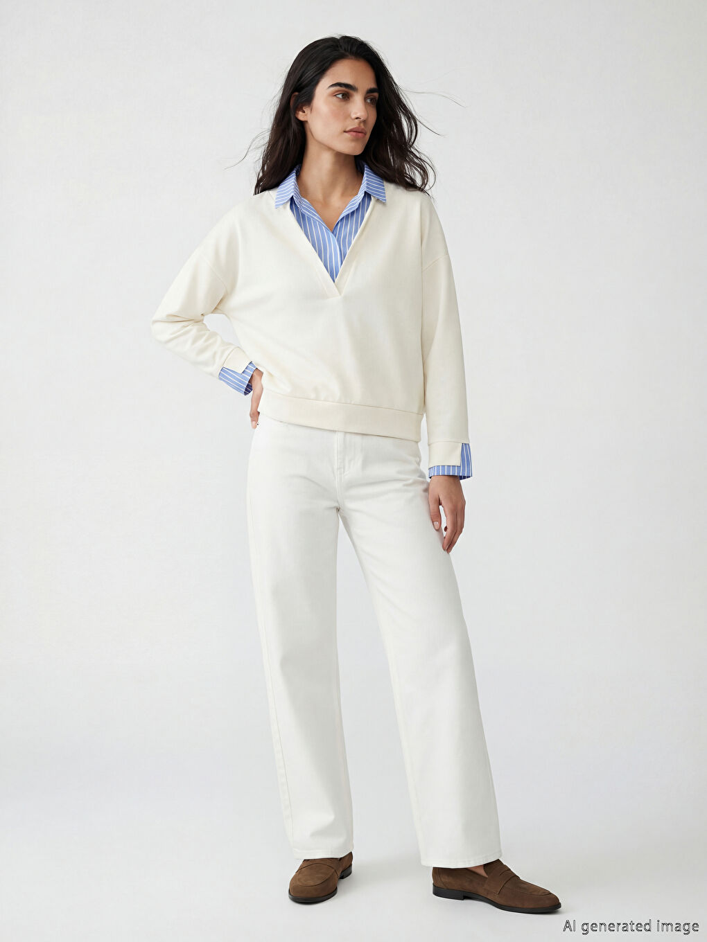 Mavi Gömlek Yaka Çizgili Kadın Sweatshirt-1