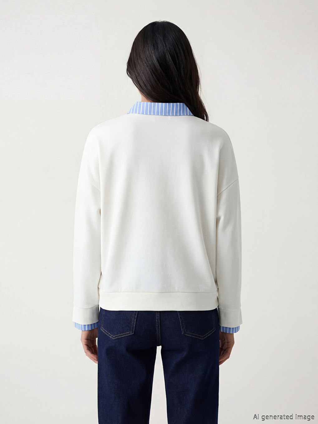 Mavi Gömlek Yaka Çizgili Kadın Sweatshirt-2