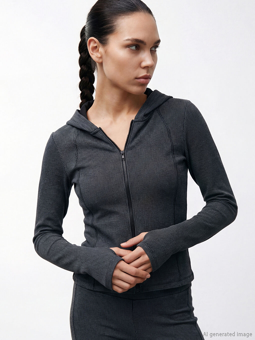 Antrasit Kapüşonlu Parmak Geçmeli Soft Touch Kadın Fermuarlı Sweatshirt