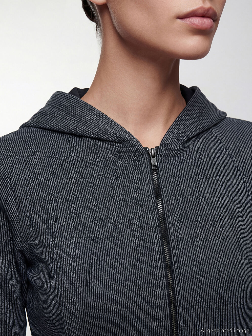 Antrasit Kapüşonlu Parmak Geçmeli Soft Touch Kadın Fermuarlı Sweatshirt-2