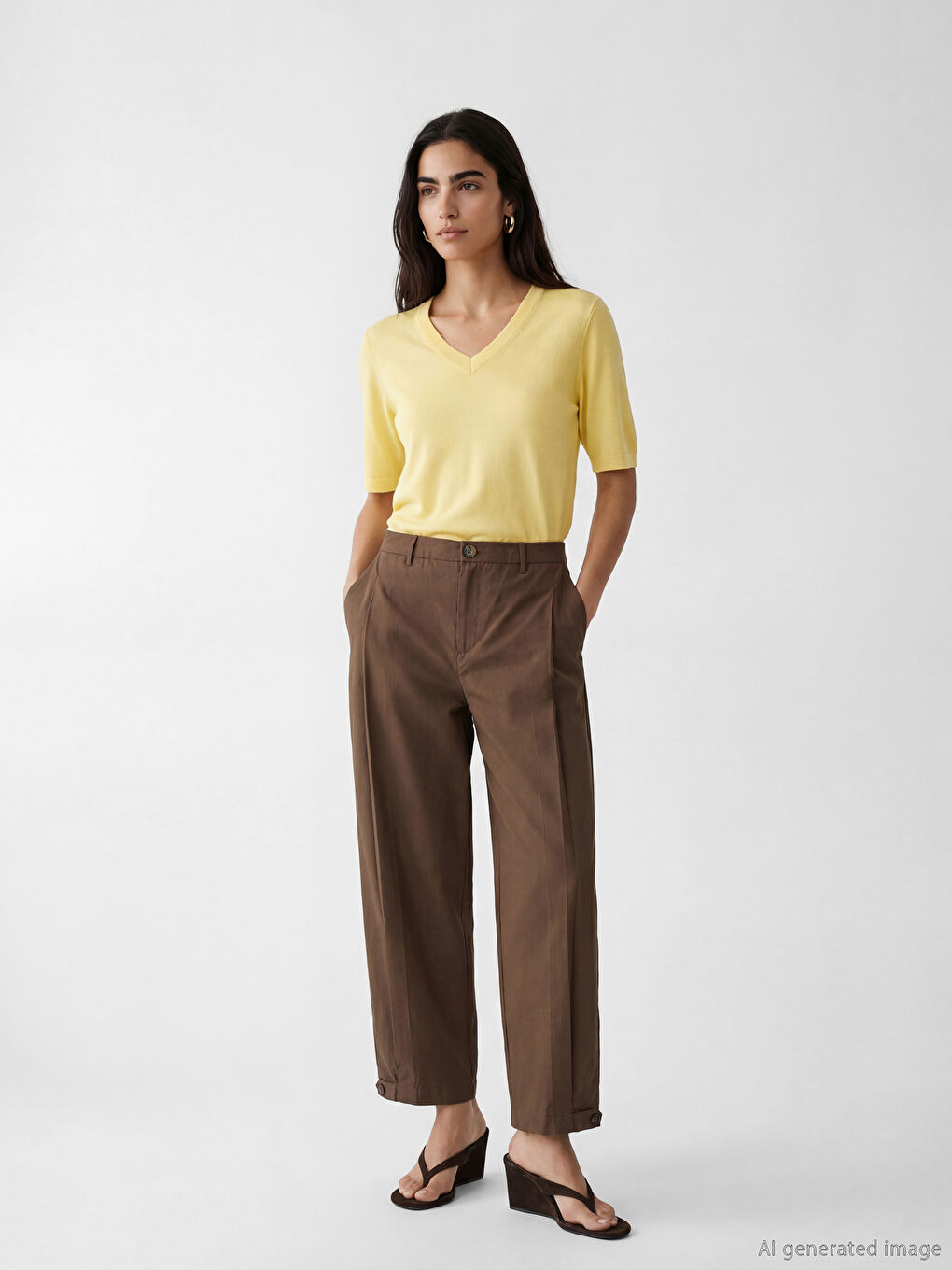 Kahverengi Yüksek Bel Pileli Kadın Kumaş Pantolon