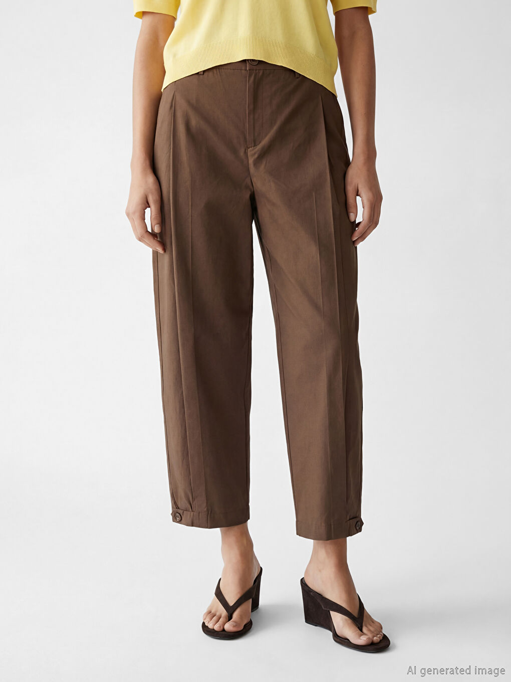 Kahverengi Yüksek Bel Pileli Kadın Kumaş Pantolon-1