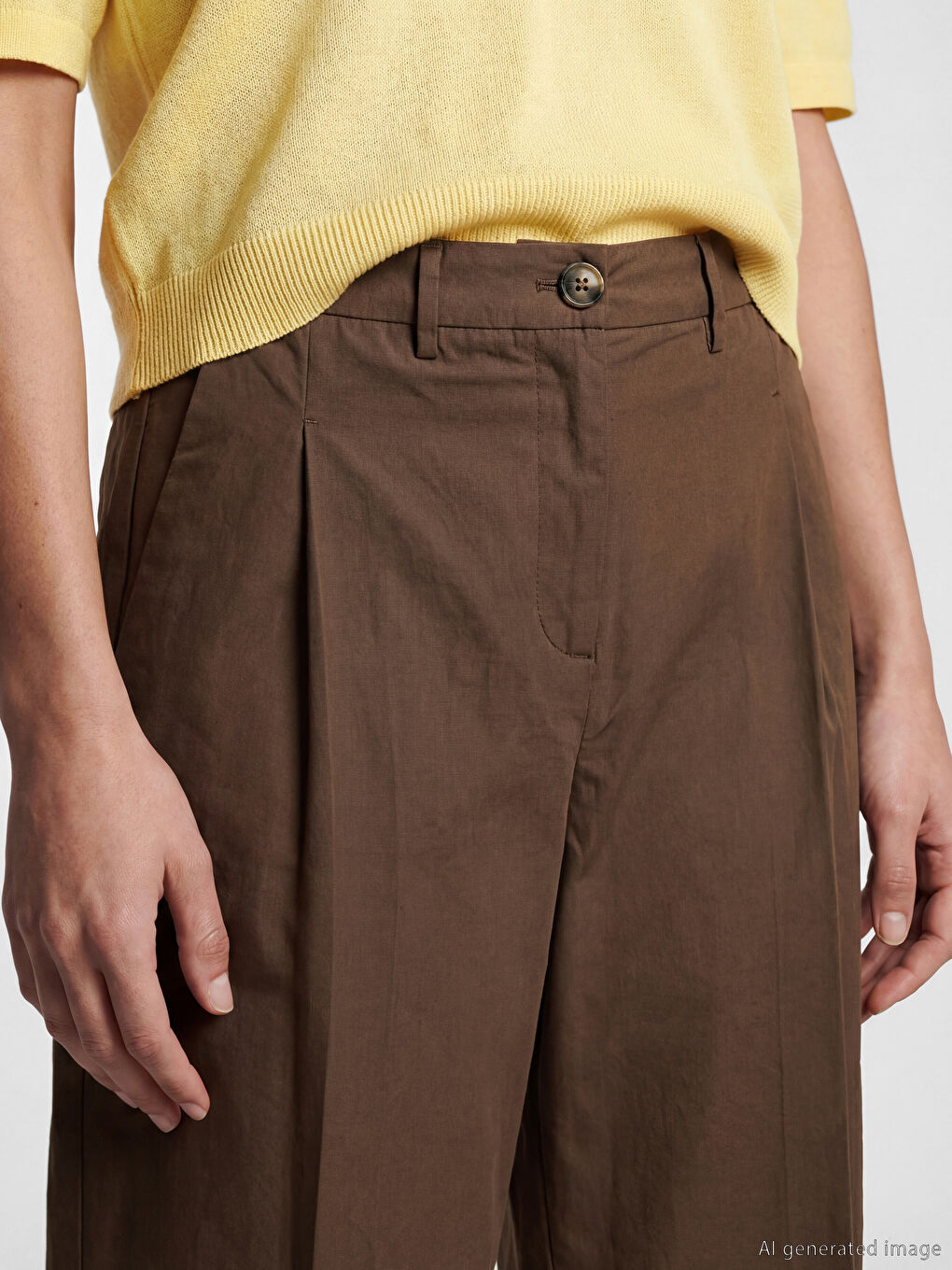 Kahverengi Yüksek Bel Pileli Kadın Kumaş Pantolon-2